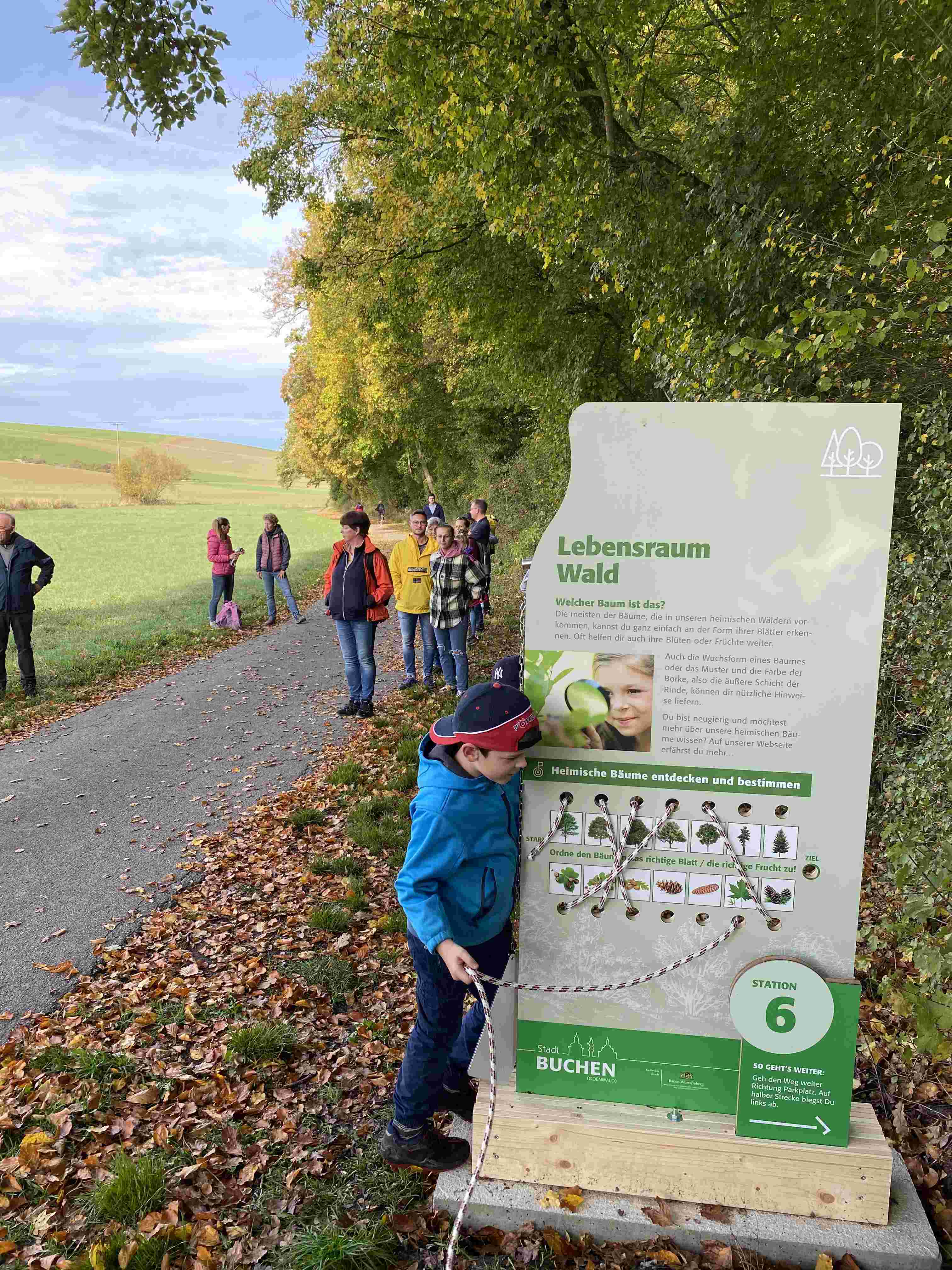 Kind testet die Waldstationen auf dem Biodiversitätspfad aus