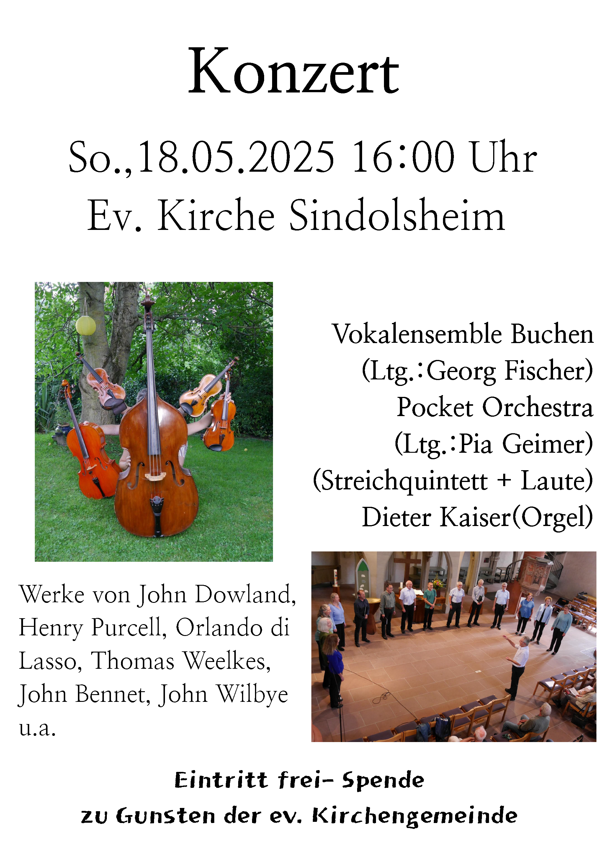 Werbeplakat Kirchenkonzert Vokalensemble Buchen in der evangelischen Kirche Sindolsheim am 18. Mai um 16.00 Uhr. Der Eintritt ist frei
