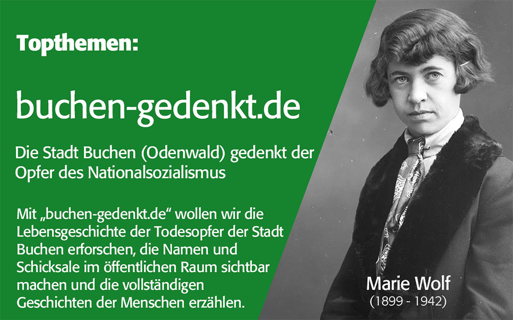 Mit der Webseite buchen-gedenkt.de möchte die Stadt Buchen (Odenwald) der Todesopfer des Nationalsozialismus in Buchen gedenken.