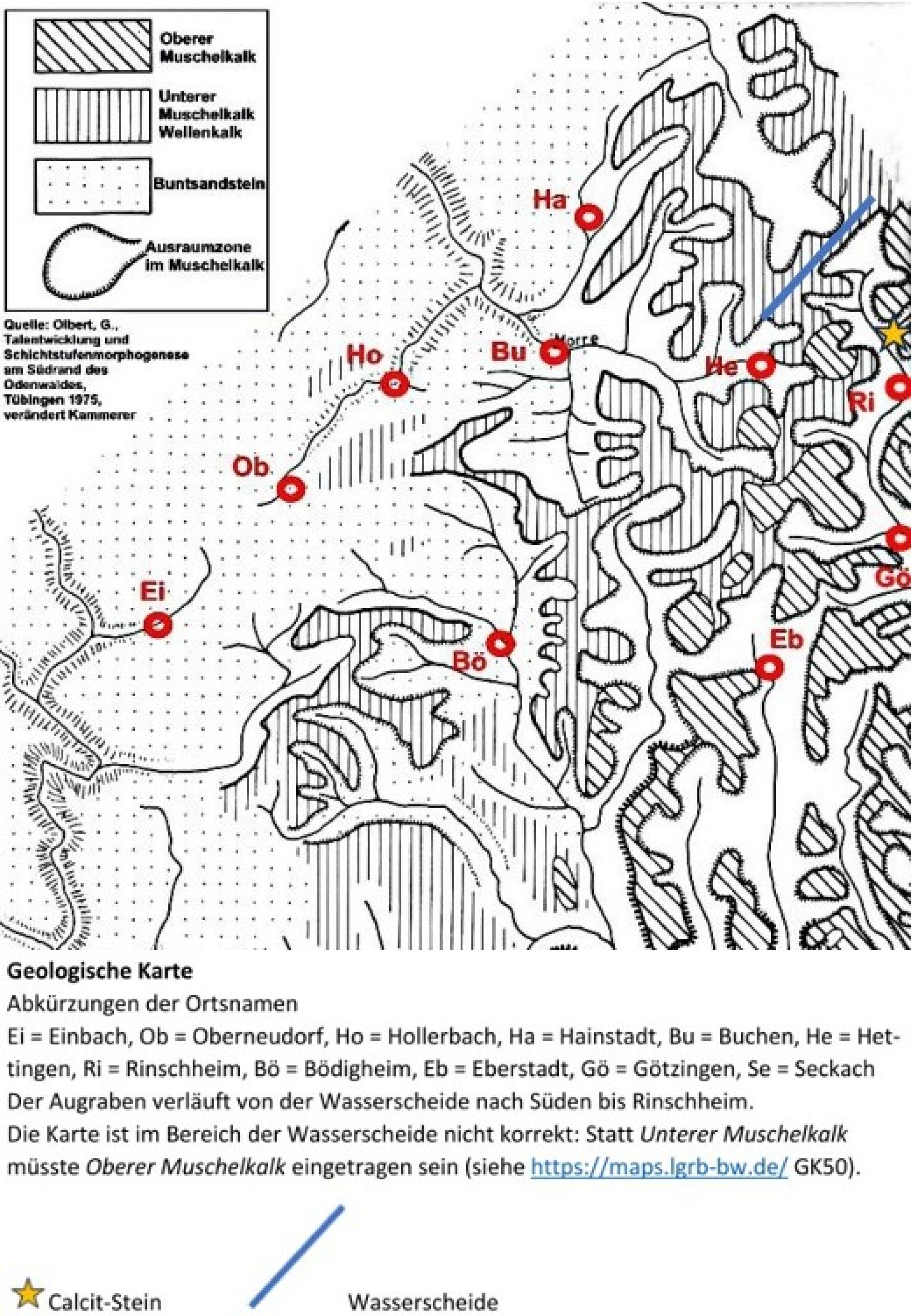 Karte der Schichtstufenlandschaft westlich des Calcit-Steins mit Legende.