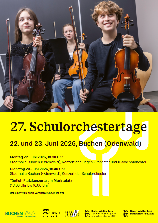 Plakat der 27. Schulorchestertage am 22. und 23. Juni 2026 in der Stadthalle in Buchen