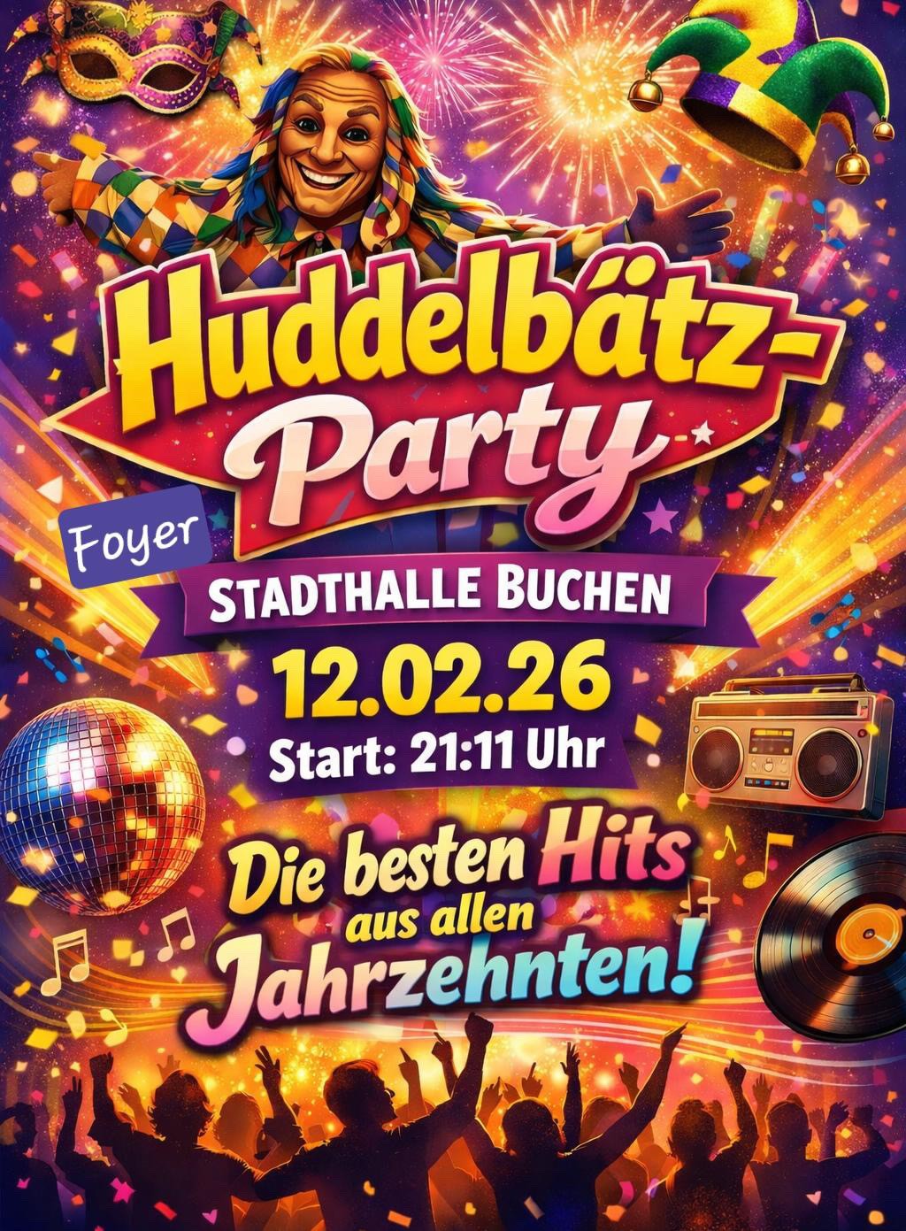 Plakat Huddelb&auml;tz Party Stadthalle Buchen