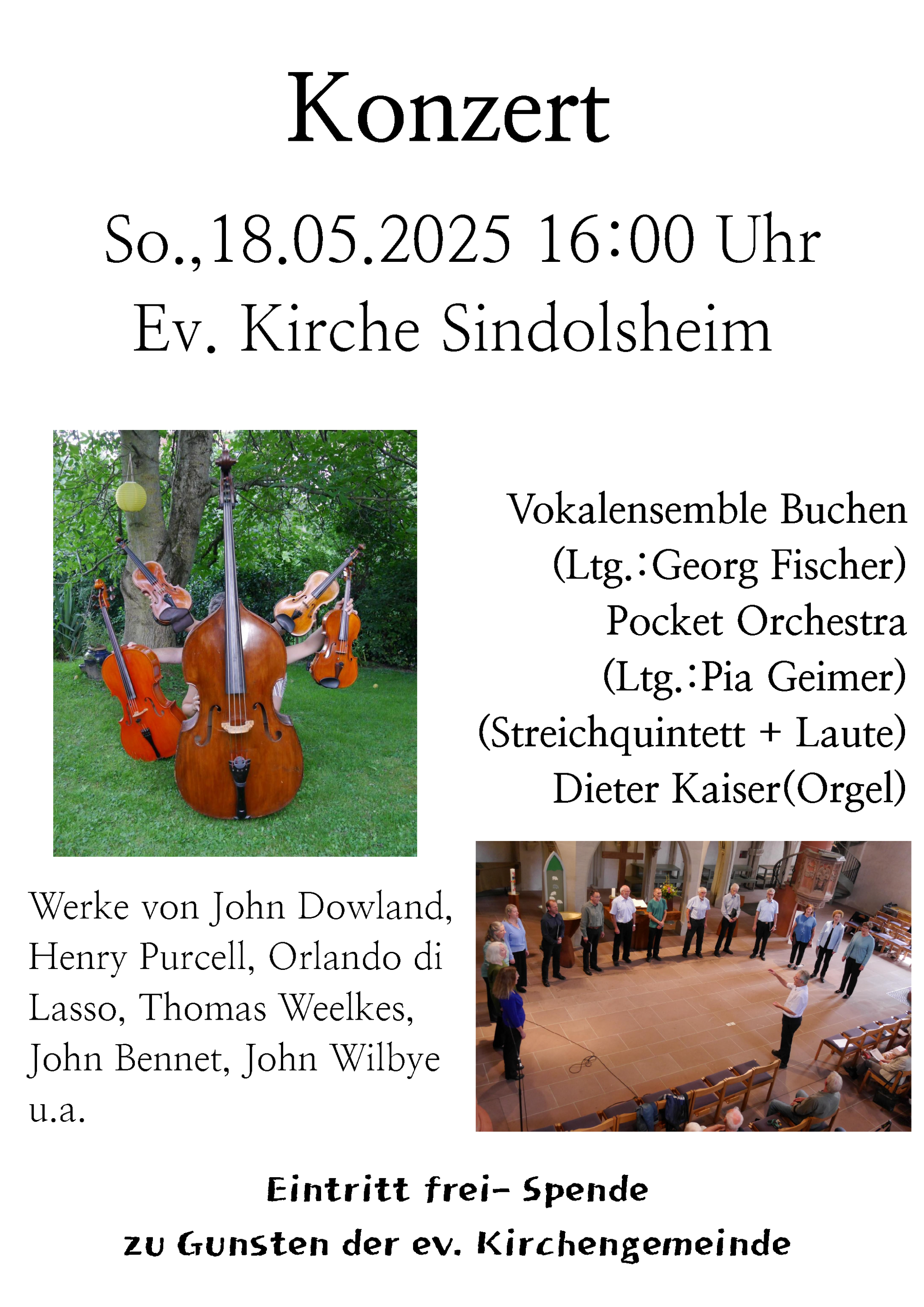Werbeplakat Kirchenkonzert Vokalensemble Buchen in der evangelischen Kirche Sindolsheim am 18. Mai um 16.00 Uhr. Der Eintritt ist frei