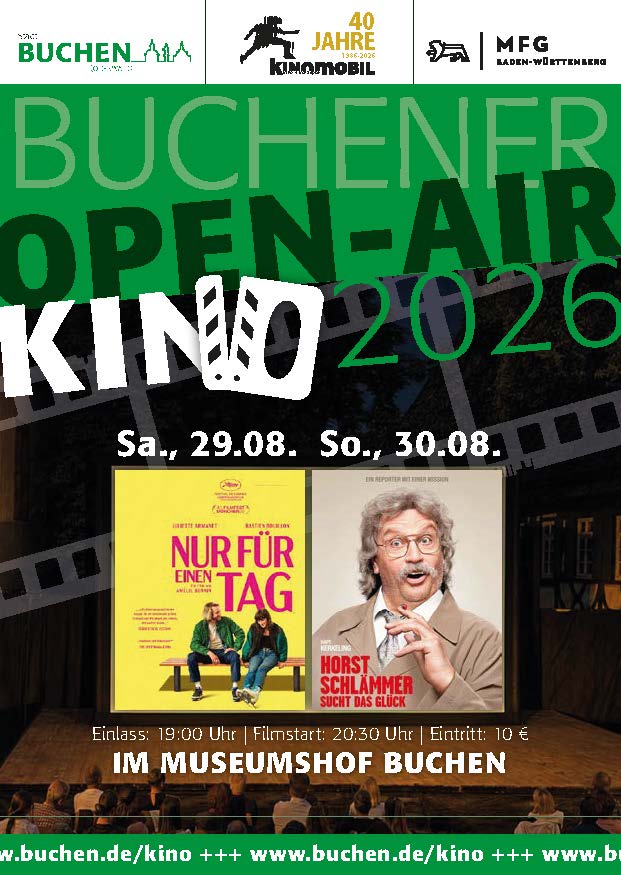 Flyer Buchener Open Air Kino 29. und 30. August 2026 im Museumshof Buchen Flyer Buchener Open Air Kino 29. und 30. August 2026 im Museumshof Buchen