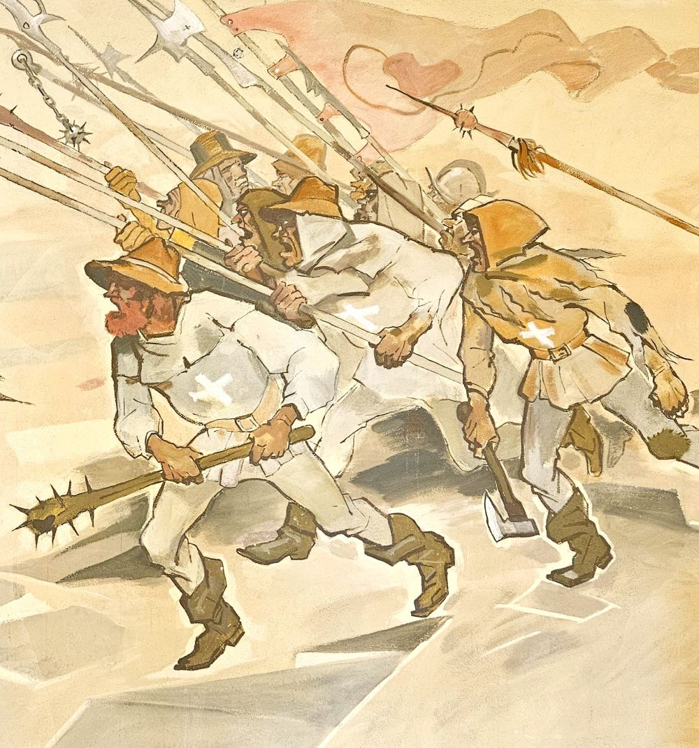 Der Baurnkrieg in einer Zeichnung von Rudolf Warnecke im Schloss Merchingen. (Foto: Stadtarchiv Buchen)